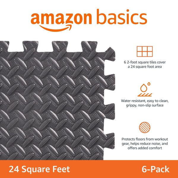 Amazon Basics Interlocking Foam Floor Mat Tiles for Home Gym Exercise, 24.7 x 24.7 x .5 Inches, Black - Pack of 6 - Image 2